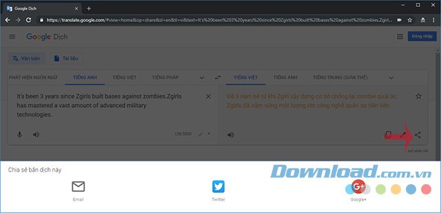Chia sẻ bản dịch của Google Translate