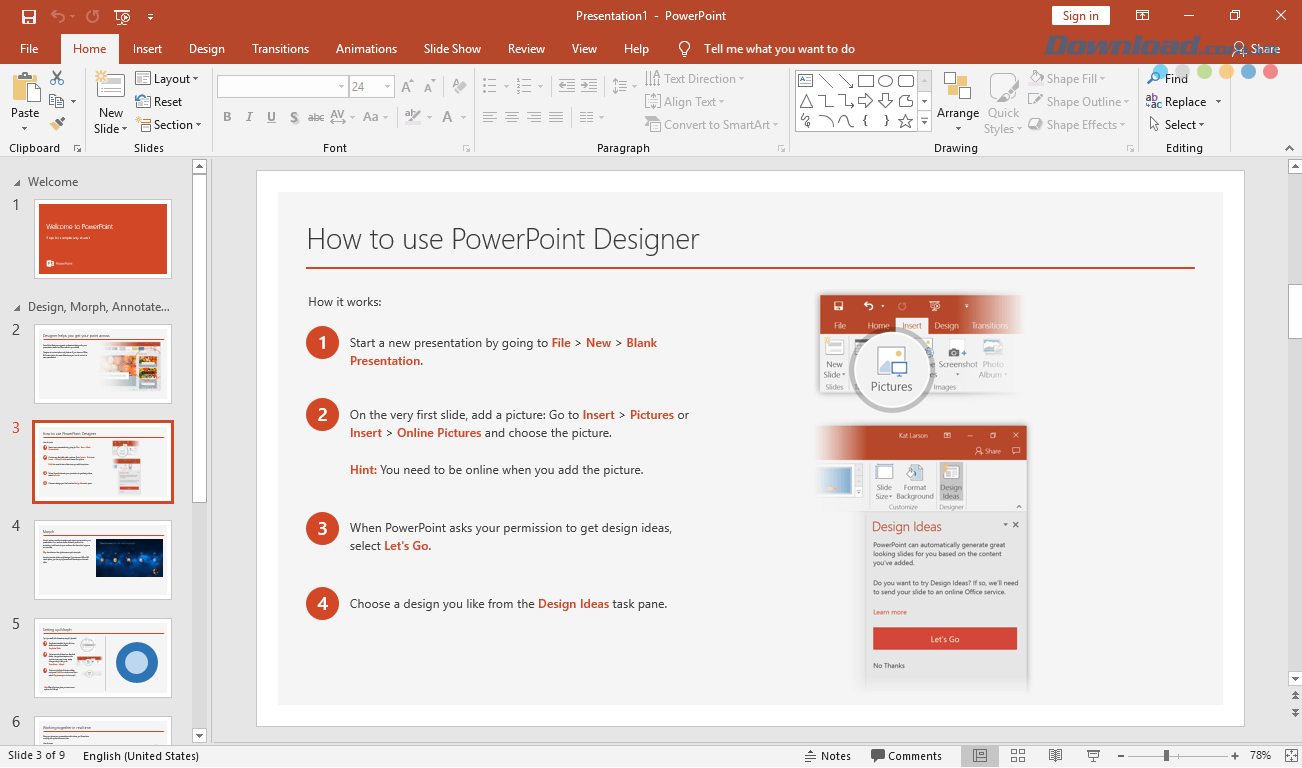 Giao diện thao tác của PowerPoint 2019