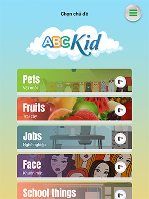 The interface for selecting the above learning topic ABCKid