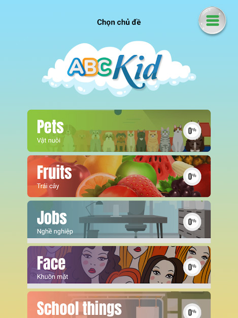 Select topic to learn English on ABCKid