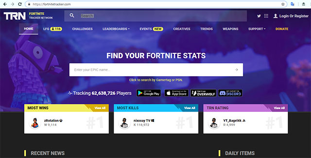 Giao diện chính của cổng game Fortnite Tracker Network