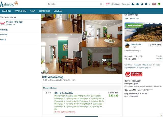 Giao diện giới thiệu khách sạn trên Hahalolo