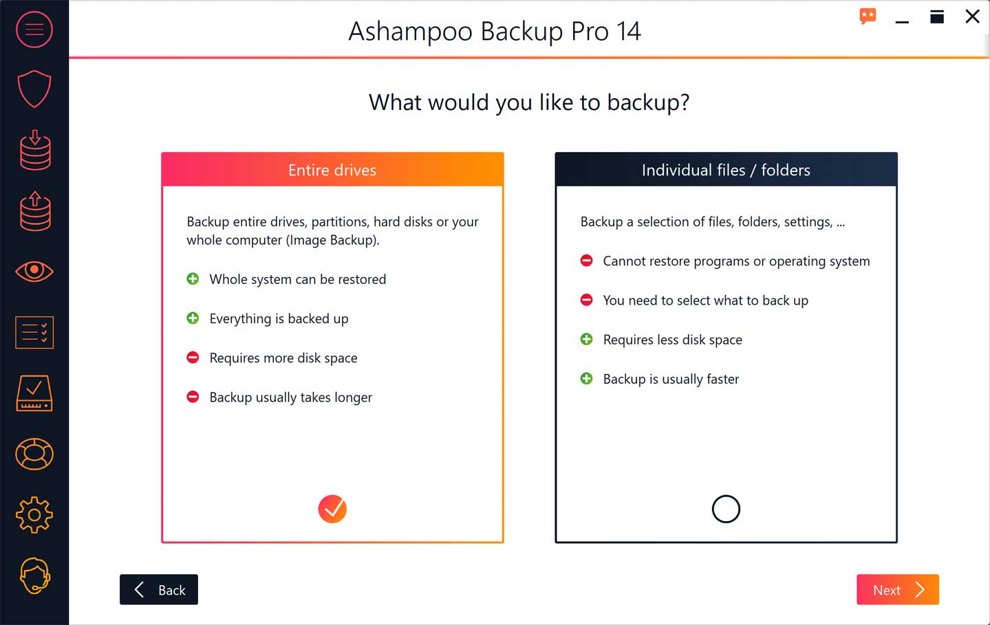 Bạn thoải mái lựa chọn cách Ashampoo Backup Pro 14 sao lưu dữ liệu