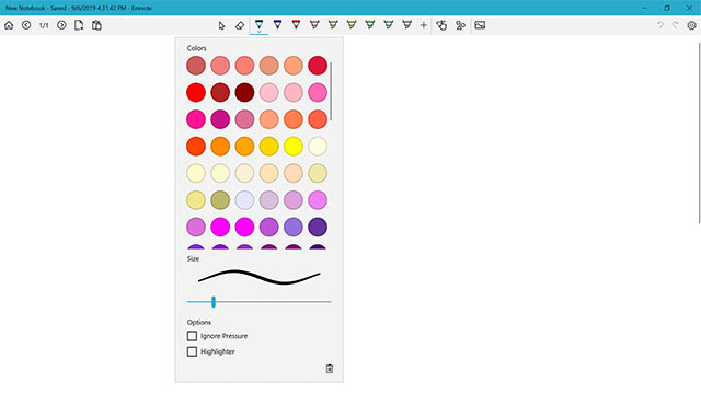 Rất nhiều tùy chọn về loại bút, màu, kích cỡ đầu bút... trong ứng dụng Emnote