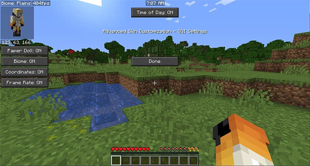 Advanced Skin Customization Mod hỗ trợ hiển thị tọa độ, biome, thời gian, FPS... trên màn hình game Minecraft