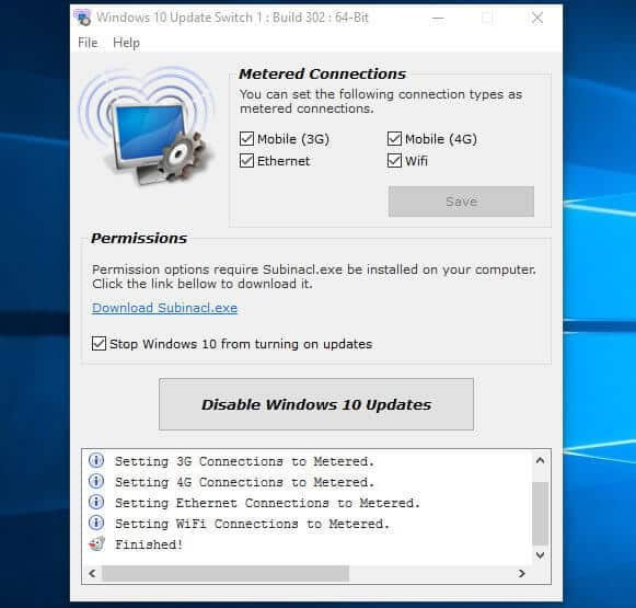 Giao diện chính của phần mềm tắt cập nhật Windows 10 Update Switch