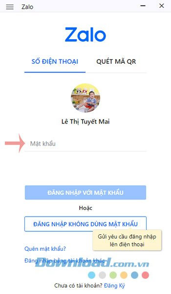 Đăng nhập Zalo bởi vì mật khẩu