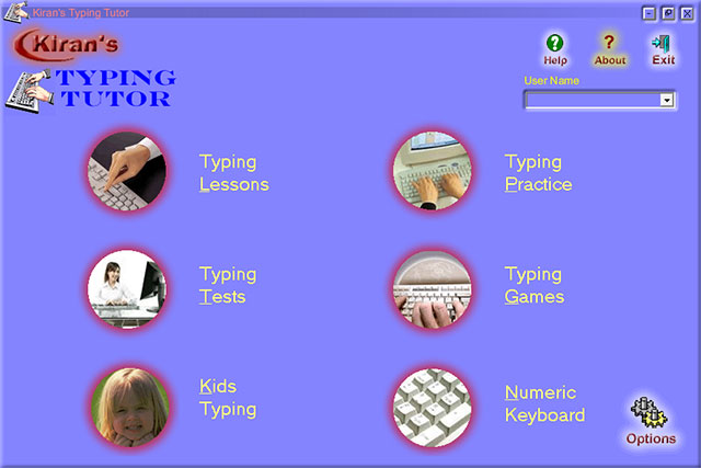 The main interface of Kiran's Typing Tutor