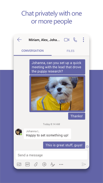 Microsoft Teams for Android supports group chat