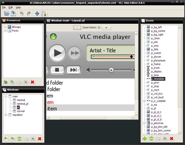 Giao diện chính của công cụ VLC Skin Editor