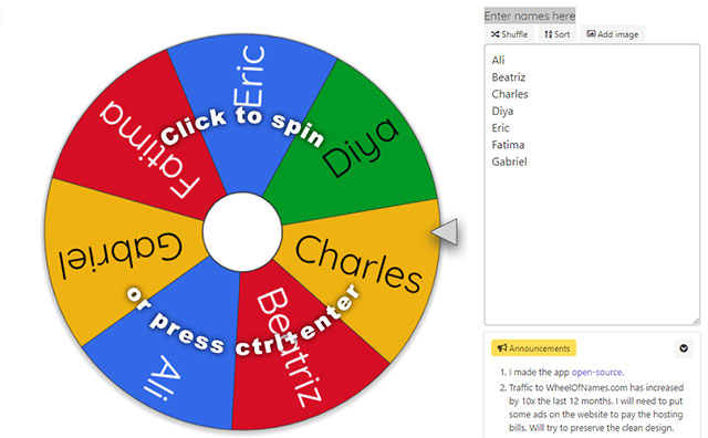 Wheel of Names là ứng dụng vòng quay chọn tên miễn phí, tiện lợi trên trình duyệt web