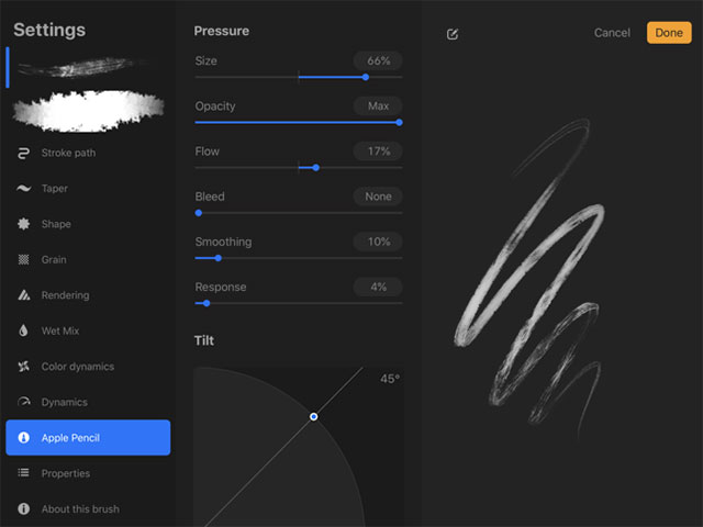 Procreate for iPad allows detailed setting of tools