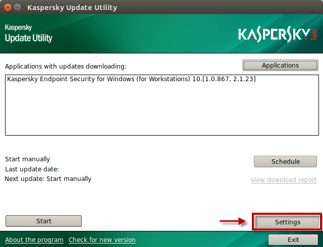 Vào thiết lập trên cửa sổ Kaspersky Update Utility