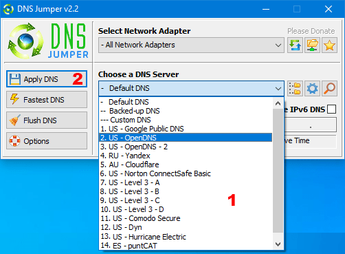 Chọn DNS cần thay đổi và click vào Apple DNS trong DNS Jumper