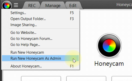 Honey Cam 3 allows running programs as administrator