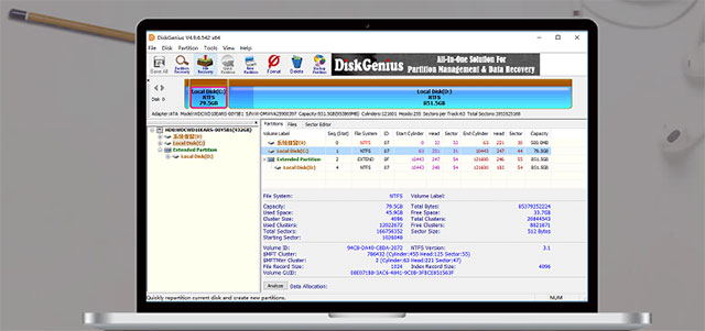 Giao diện phần mềm khôi phục dữ liệu và quản lý phân vùng Disk Genius