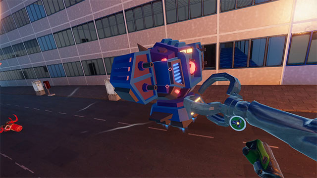 Confront the invading robot army to defend the city in Super Fly VR