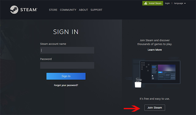 Nhấn Join Steam để bắt đầu đăng ký Steam miễn phí