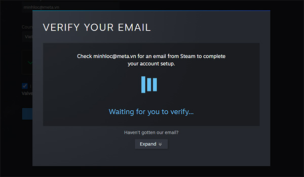 Valve sẽ gửi Email xác thực tài khoản đến địa chỉ Email đã đăng ký