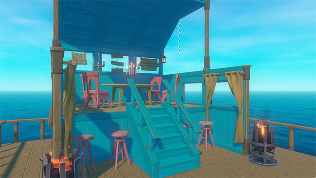 Select building blocks process, paint colors, decorations... to create a very personal raft in Raft game