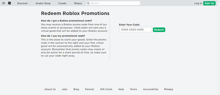 Nhập mã để đổi quà trên trang của Roblox