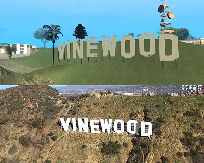 So sánh đồ họa của GTA San Andreas và GTA 5 ở khu vực Vinewood nổi tiếng