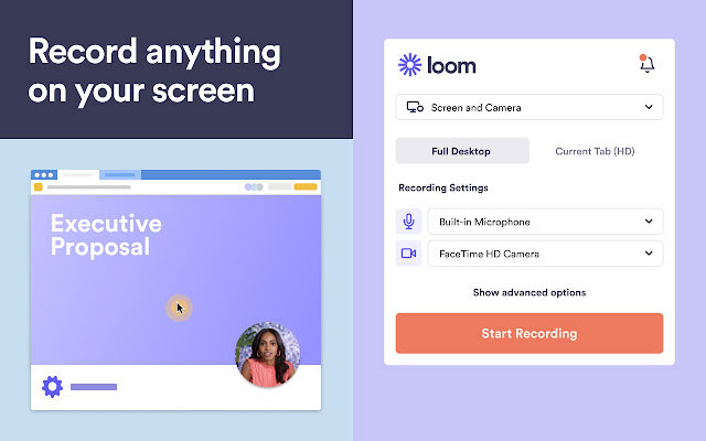 Use Loom to record video screen, Laptop webcam