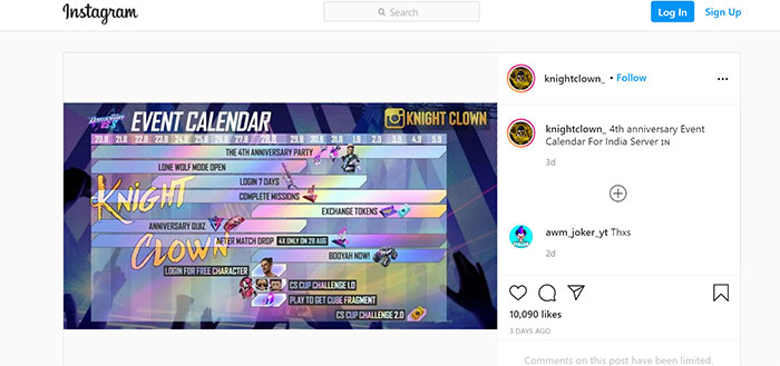 Lịch trình sự kiện 4 năm Free Fire do trang Knight Clown tiết lộ trên Instagram