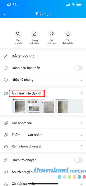 Hướng dẫn xem lại các hình ảnh, liên kết, file đã gửi qua Zalo 2