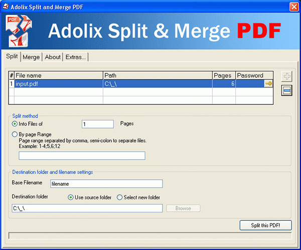 Cut PDF into small files with Adolix Split & Merge PDF