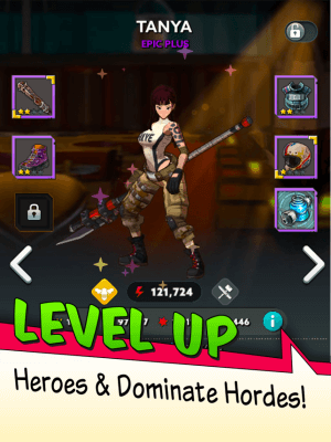 Level up heroes and destroy groups of enemies