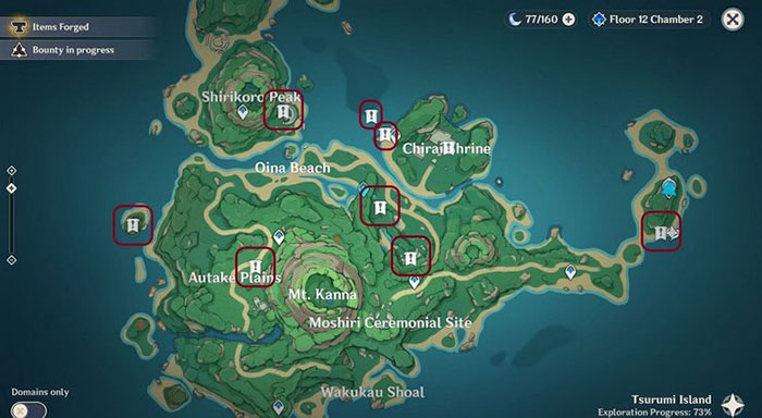 Bản đồ vị trí các hồn ma ở đảo Tsurumi trong Genshin Impact