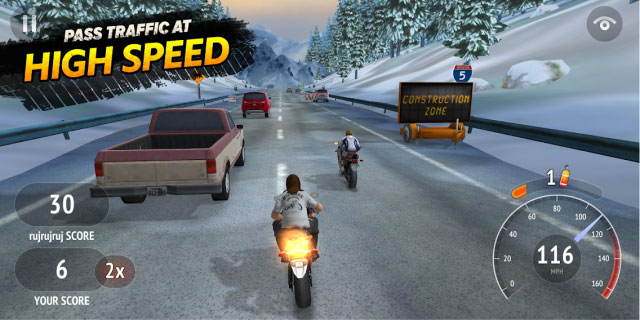 Ride a moto on busy roads. cast at high speed in Highway Rider game 