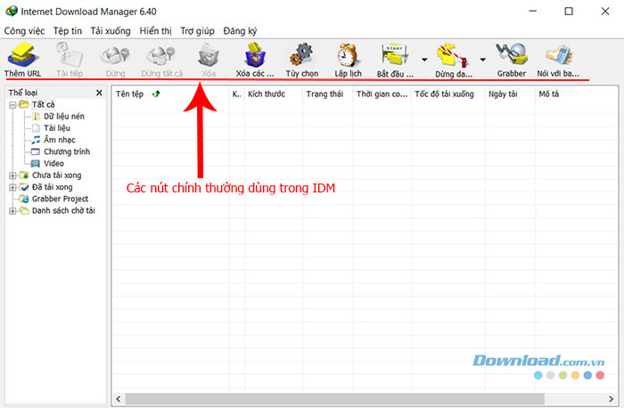 Giao diện cửa sổ chính của Internet Download Manager