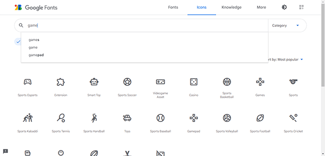 Explore the Google Icons library with various options