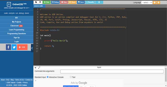 OnlineGDB.com is an online debugging tool for programming languages ​​C/C++