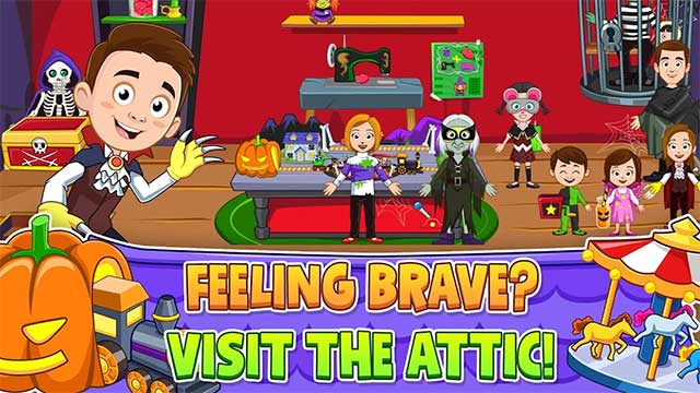 Haunted house full of familiar characters such as ghosts, skeletons, witches witch,...