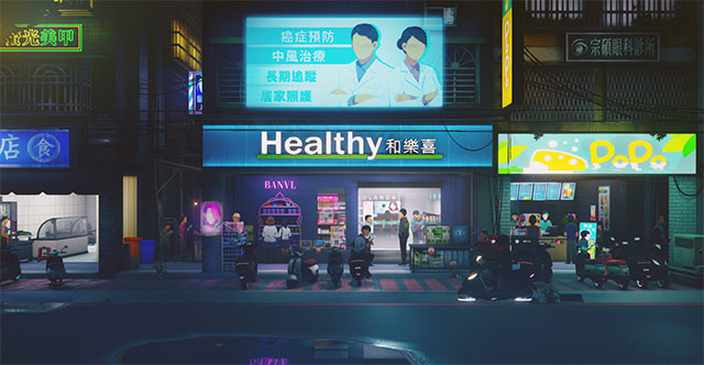 Minds Beneath Us Game Background in a futuristic Asian city, where AI dominates humanity