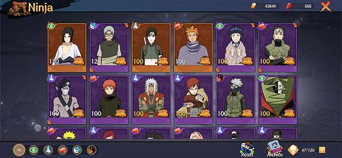 Người chơi thu thập các nhân vật ninja quen thuộc từ Naruto trong khi chơi Hokage Đệ Thất.