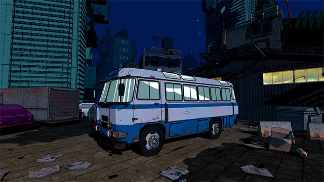 Drive a bus to explore the city, rest or upgrade your character