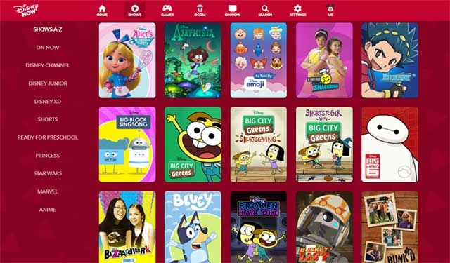 DisneyNow aggregates shows from Disney Channel, Disney Junior and Disney XD