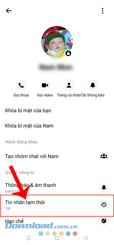 Chạm vào mục Tin nhắn tạm thời