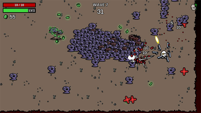 The potato warrior uses 6 weapons at once to shoot down enemies and survive to the end