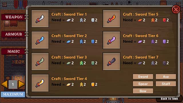 Lối chơi của Crafting Town tập trung vào chế tạo vũ khí, áo giáp, công cụ và xây dựng công trình