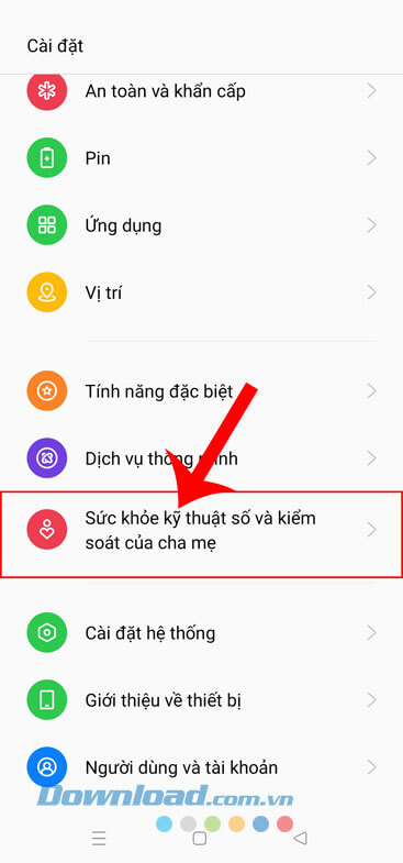 Nhấn vào mục Sức khỏe kỹ thuật số và kiểm soát của cha mẹ