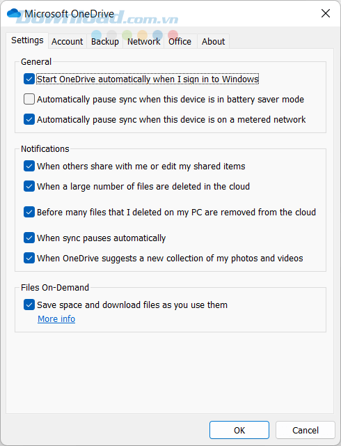 Tùy chọn cài đặt trên Microsoft OneDrive