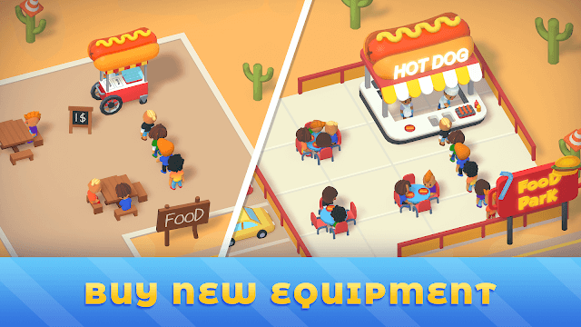 Buy new equipment to expand your food business in Idle Food Park Tycoon