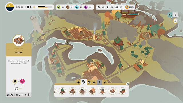 Build a town with colorful buildings, structures, farms... while playing Outlanders game
