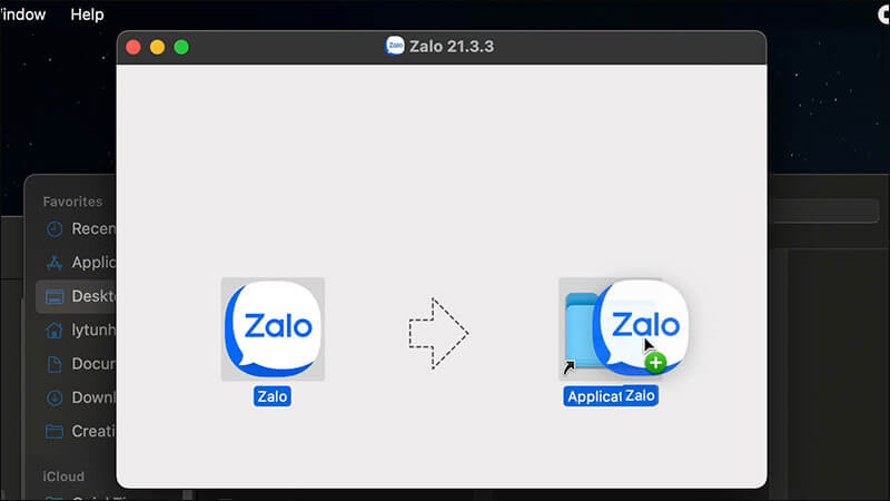 Kéo thả phần mềm Zalo vô folder Applications của Mac