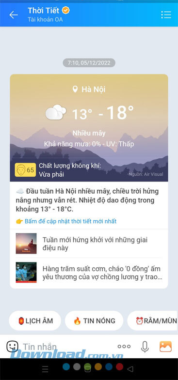 Dự báo thời tiết trên Zalo
